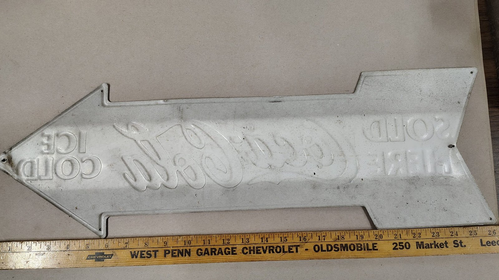 Vintage 1990 Coca-Cola Sold Here Ice Cold Tin Metal Arrow Sign 27" Embossed Coke