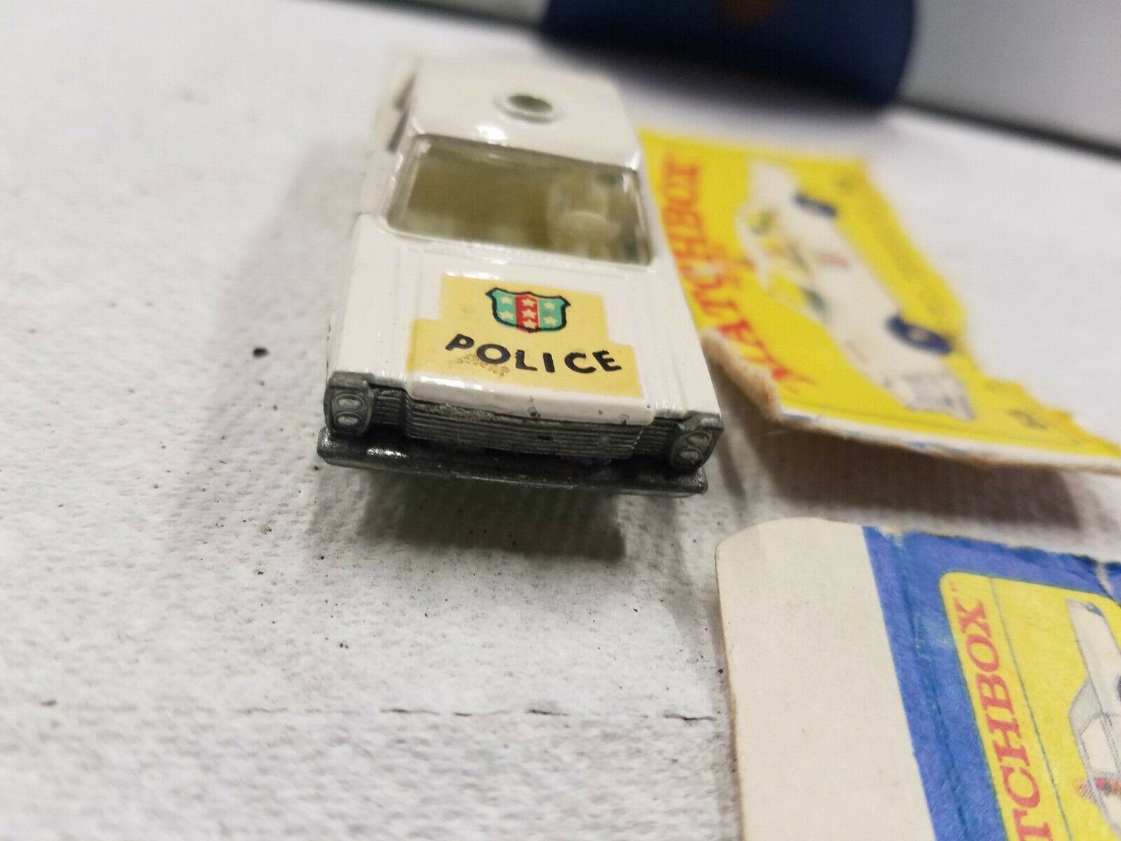174156145365-2.jpg Vintage Nice Lesney Matchbox Toy Car Police Car Ford Galaxie #55 Box White