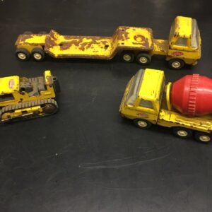Vintage Lot 1950s Tonka Bulldozer, Cement Mixer And Low Boy  Heavy Hauler