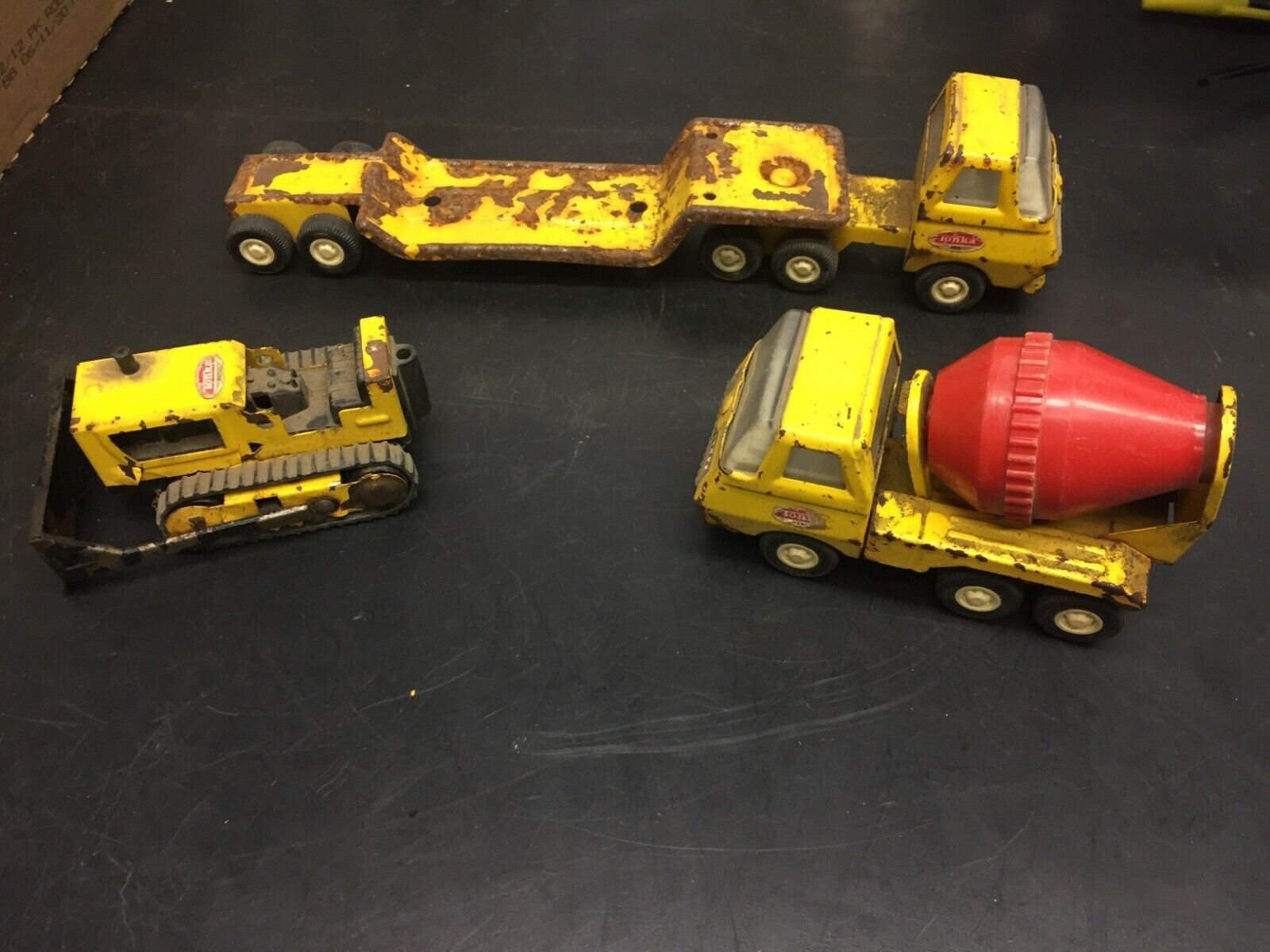 Vintage Lot 1950s Tonka Bulldozer, Cement Mixer And Low Boy  Heavy Hauler