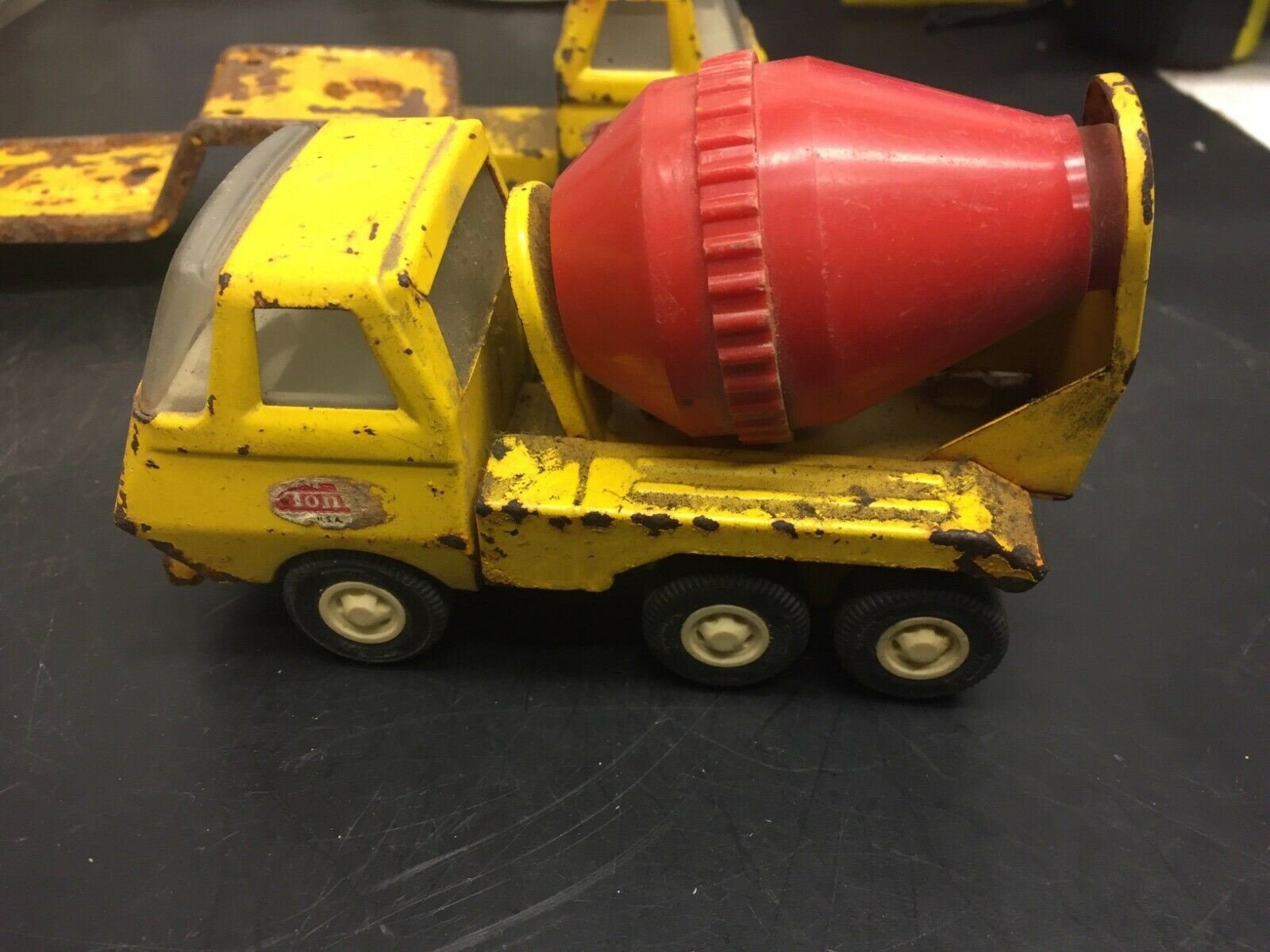Vintage Lot 1950s Tonka Bulldozer, Cement Mixer And Low Boy  Heavy Hauler