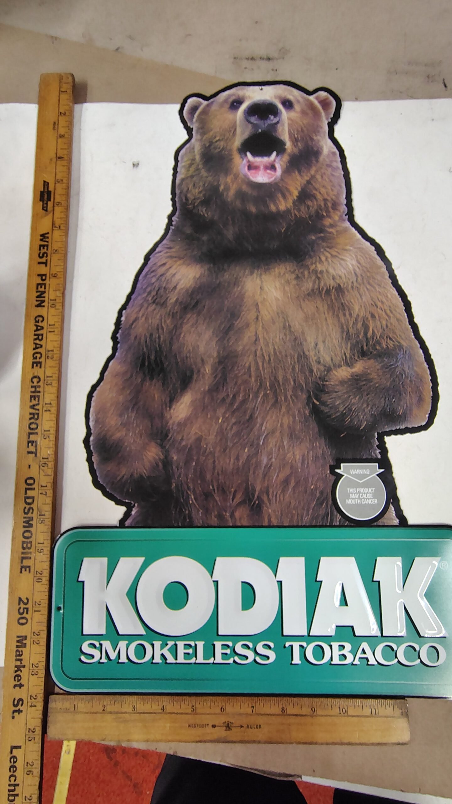 Vintage Kodiak Smokeless Tobacco Metal Sign Embossed Grizzly Bear Tacker Die-Cut