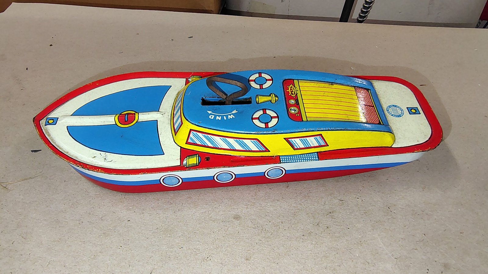 Vintage Ohio Art Co Tin Litho Wind-Up Cabin Cruiser Toy Boat