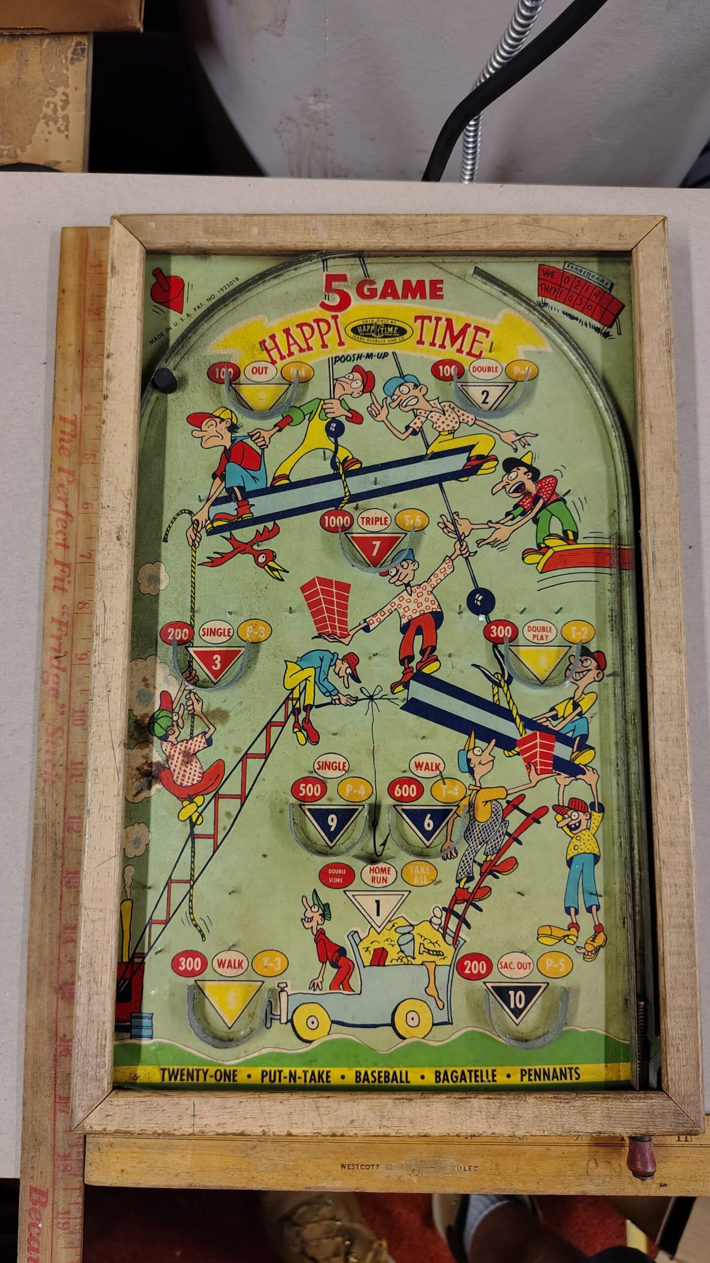 1f529c18-6875-405f-9040-2b2044bc59d4-scaled-1.jpg Vintage Poosh-M-Up Happi Time 5 Game Bagatelle Tabletop Pinball Northwestern Co