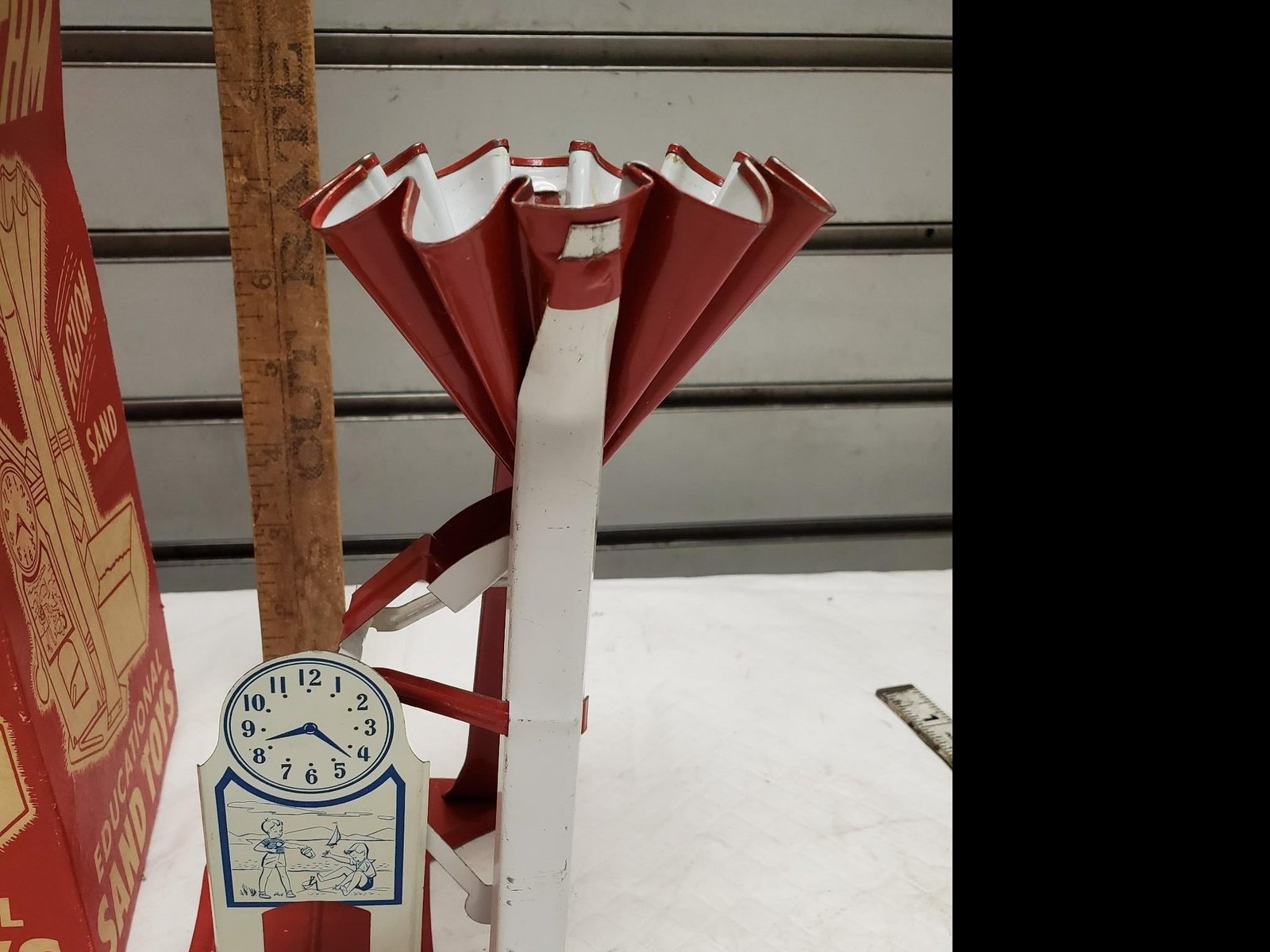 20200602141257a.jpg NIB Vintage Tin Toy Educational Rhythm Sand Toy Rowley Clock Tower 50's Orig Box