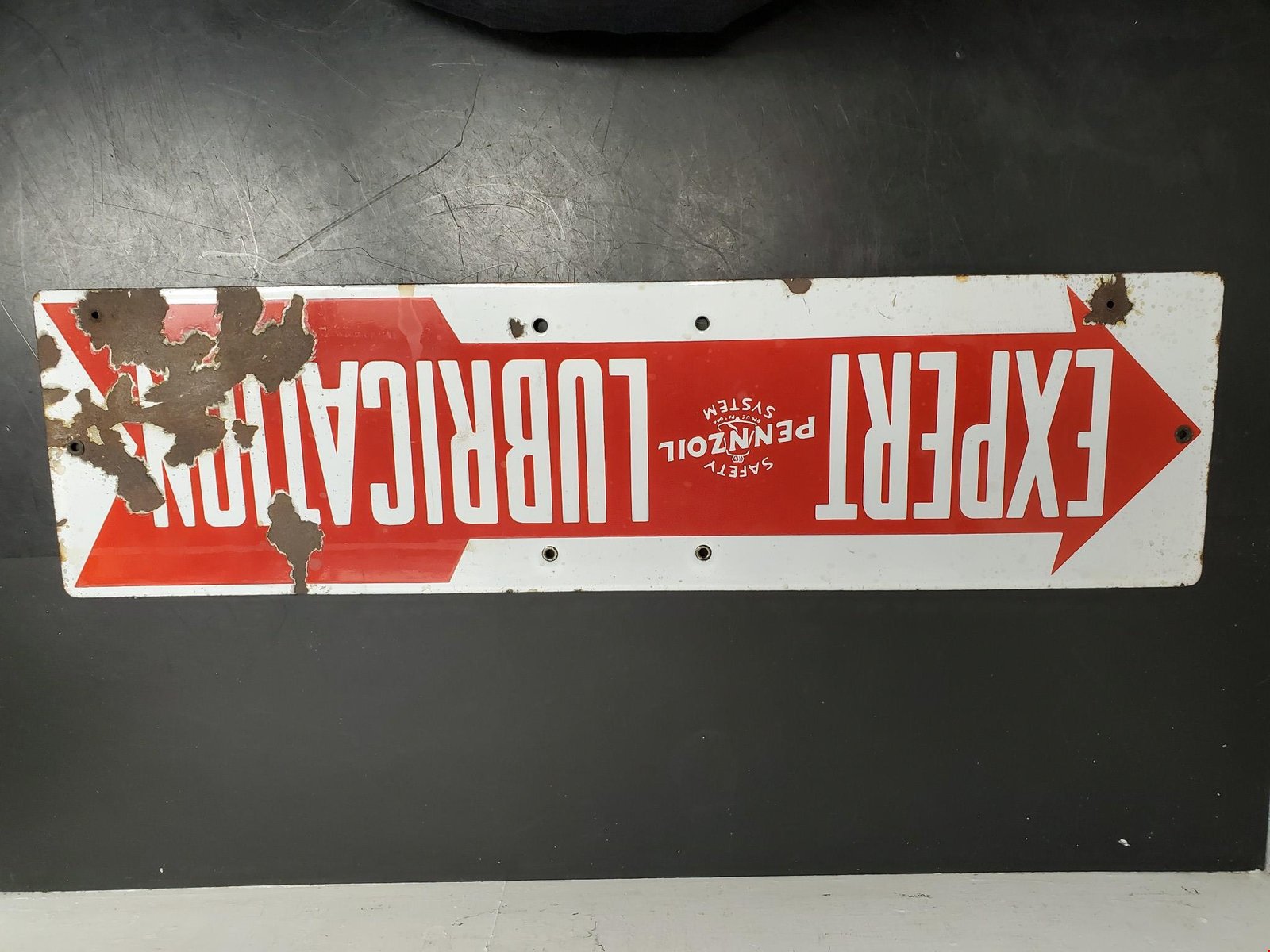 Vtg Porcelain Pennzoil Arrow Sign: “EXPERT LUBRICATION, SAFETY SYSTEM" Rare