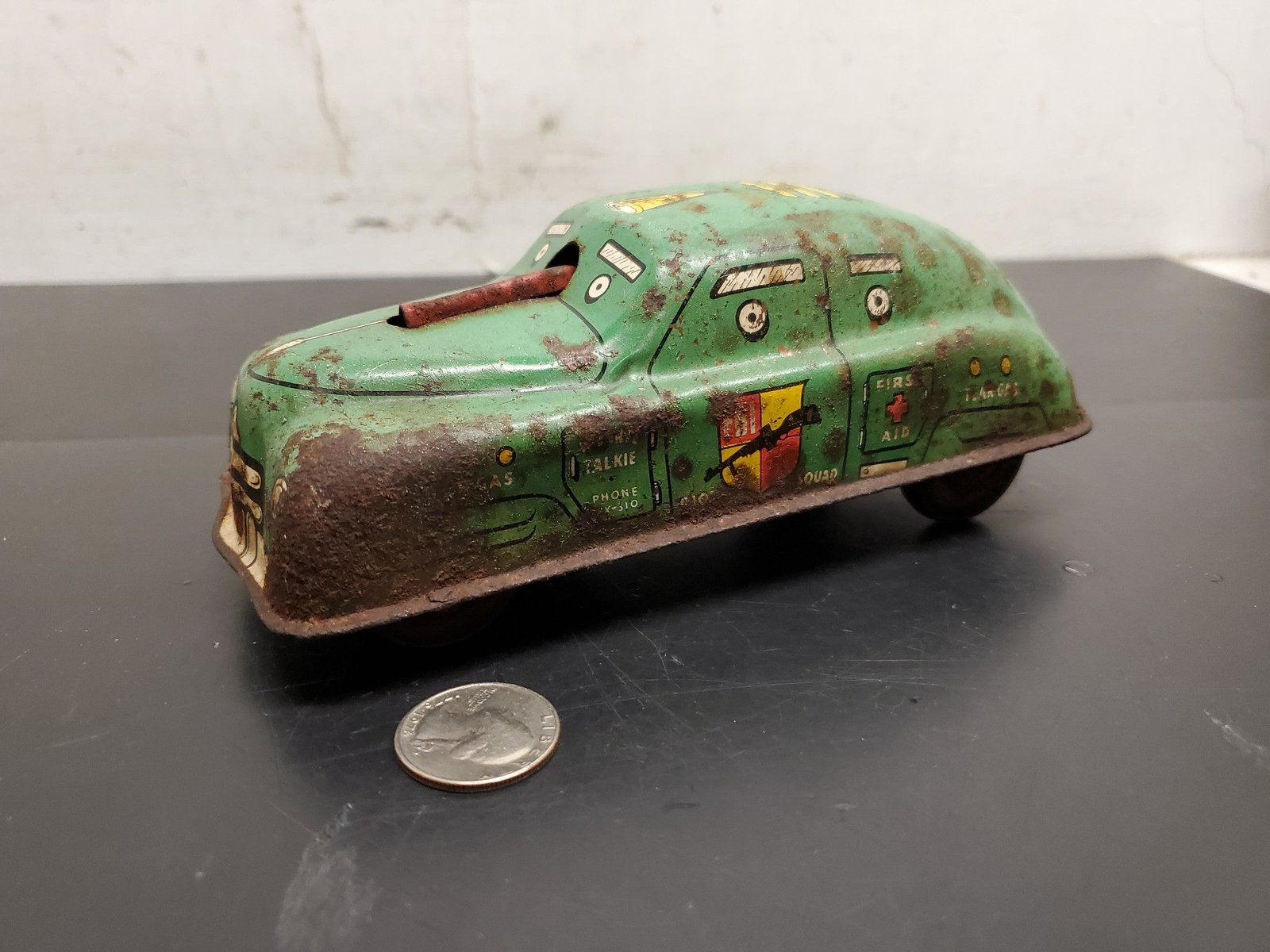 20210909105507a.jpg Vtg 1940's-50's Courtland FBI Riot Squad Car Tin Litho Friction Walt Reach Toy