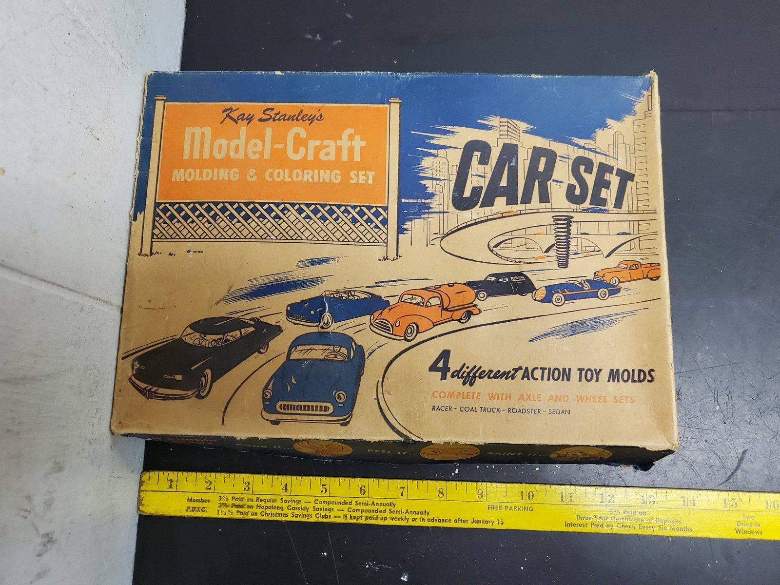 Vtg Kay Stanley's Model-Craft Molding & Coloring Set Car Set 4 Action Toy Molds