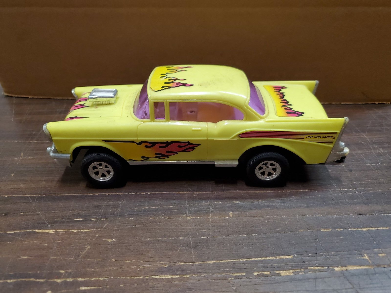 YCT Chevrolet Bel Air Hot Rod Racer Yellow Flamed Pull-String Motor '57 Chevy