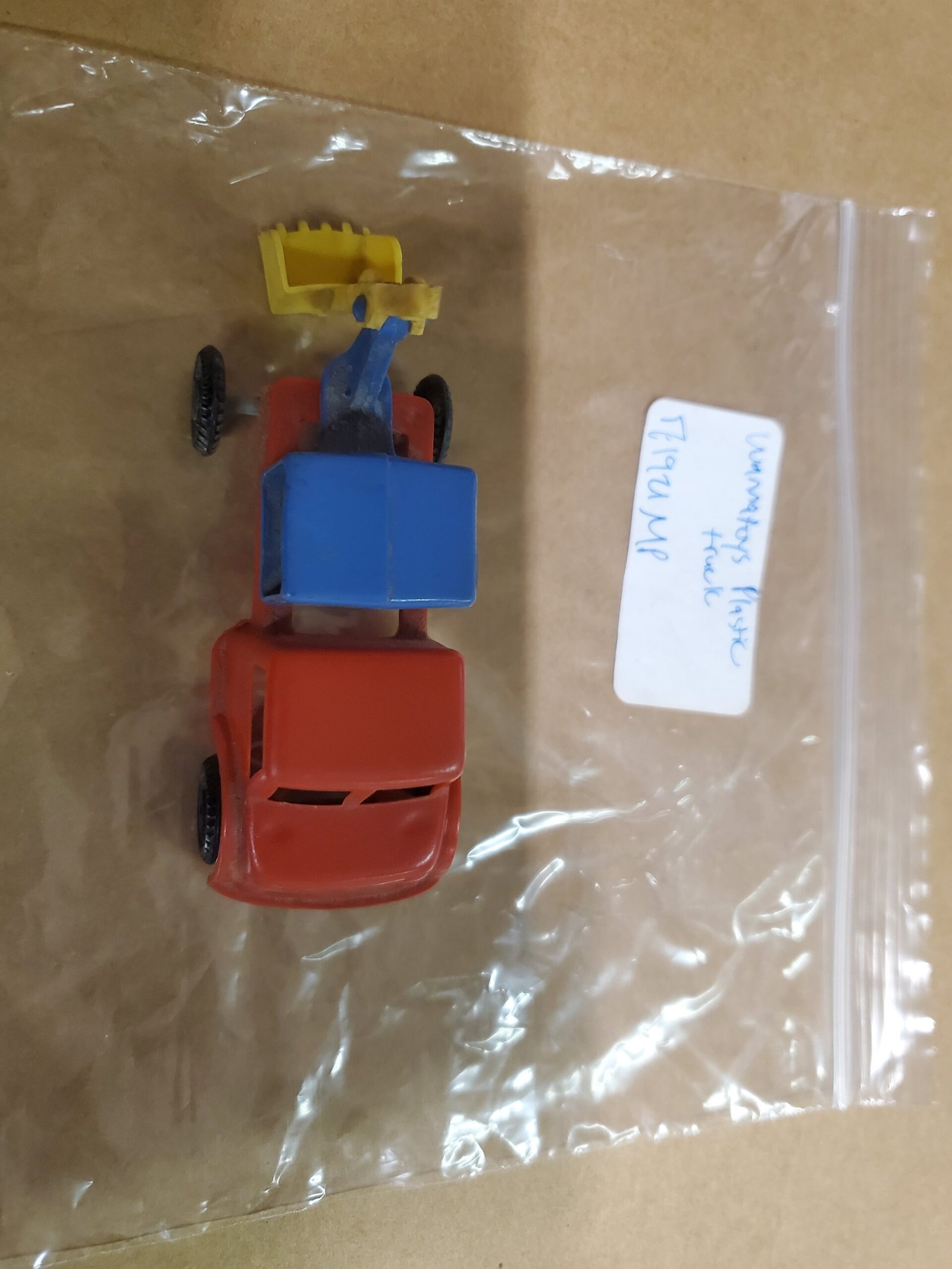 VINTAGE WANNATOYS MADE IN U.S.A. RED YELLOW AND BLUE BACKHOE TRUCK