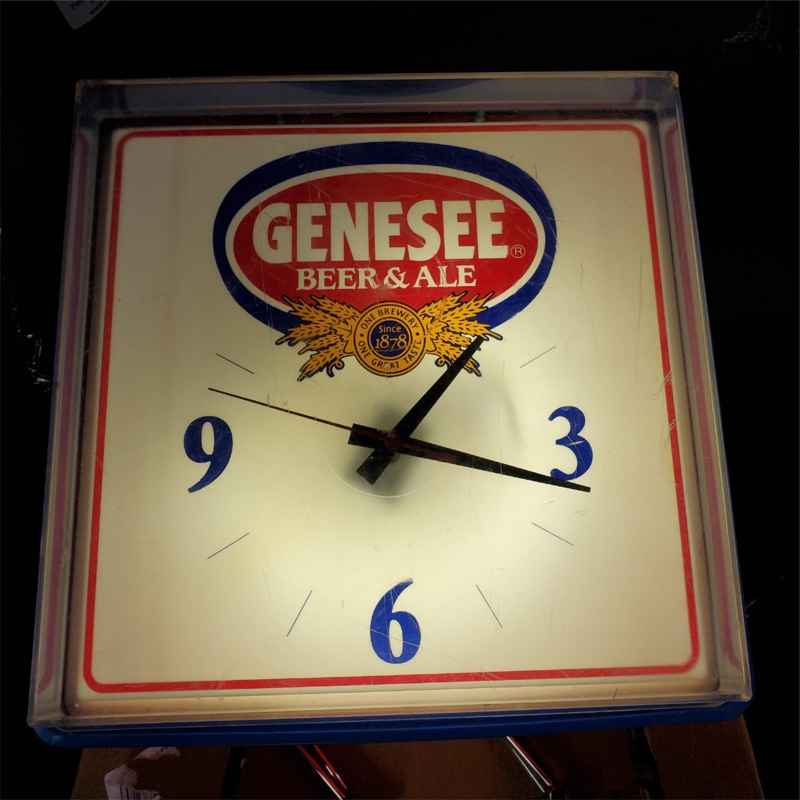 Vtg Genesse Beer & Ale Lighted Clock Sign brewiania Bar 16" x 15 3/4" x 4 3/4"