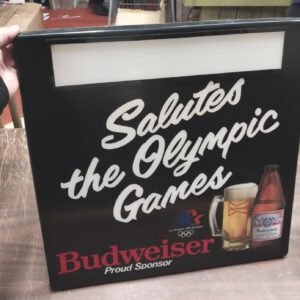 20231012105754a.jpg Plastic Budweiser Beer Sign 1984 Olympic Games Advertisement Breweriana 17x17