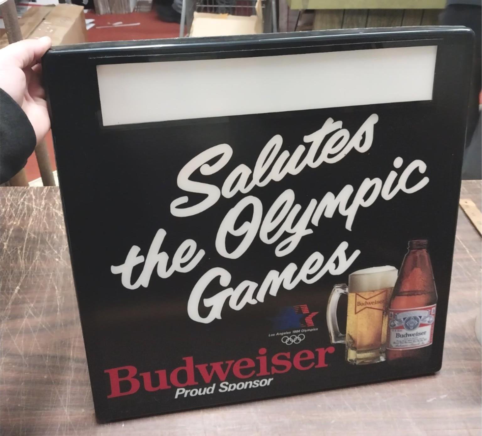 Plastic Budweiser Beer Sign 1984 Olympic Games Advertisement Breweriana 17x17