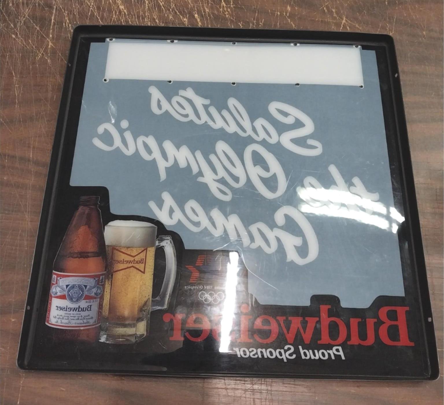 Plastic Budweiser Beer Sign 1984 Olympic Games Advertisement Breweriana 17x17