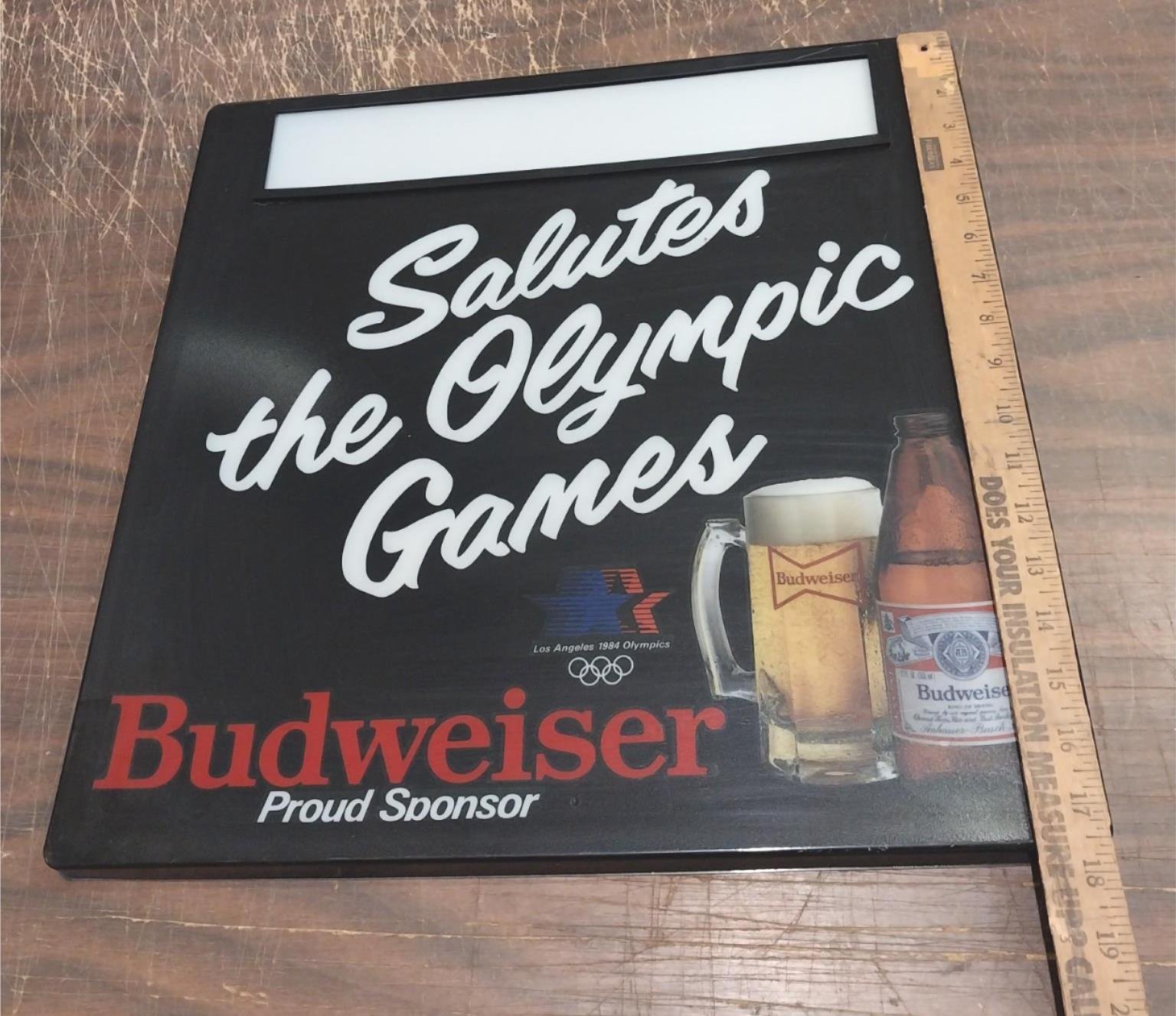 Plastic Budweiser Beer Sign 1984 Olympic Games Advertisement Breweriana 17x17