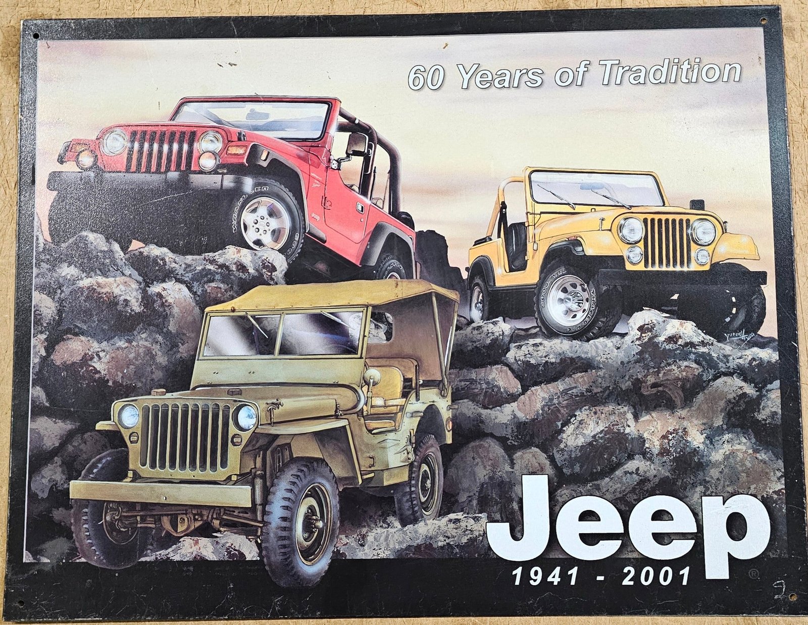 1941-2001 Jeep 60 Years of Service Tin Mancave Sign Willys CJ7 Renegade Wrangler