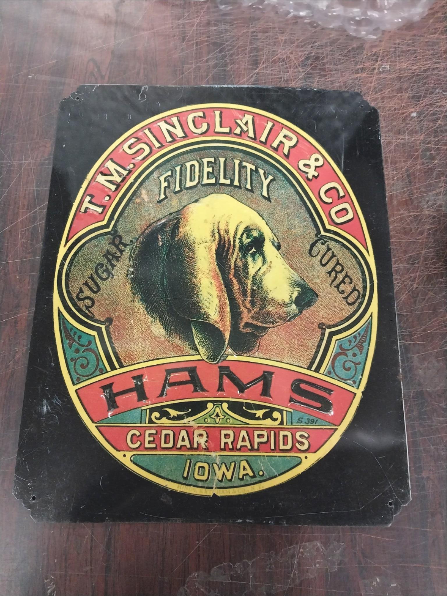 Vtg T.M. Sinclair & Co. Fidelity Sugar cured Ham tin Advertis sign 13 1/2" x 17"