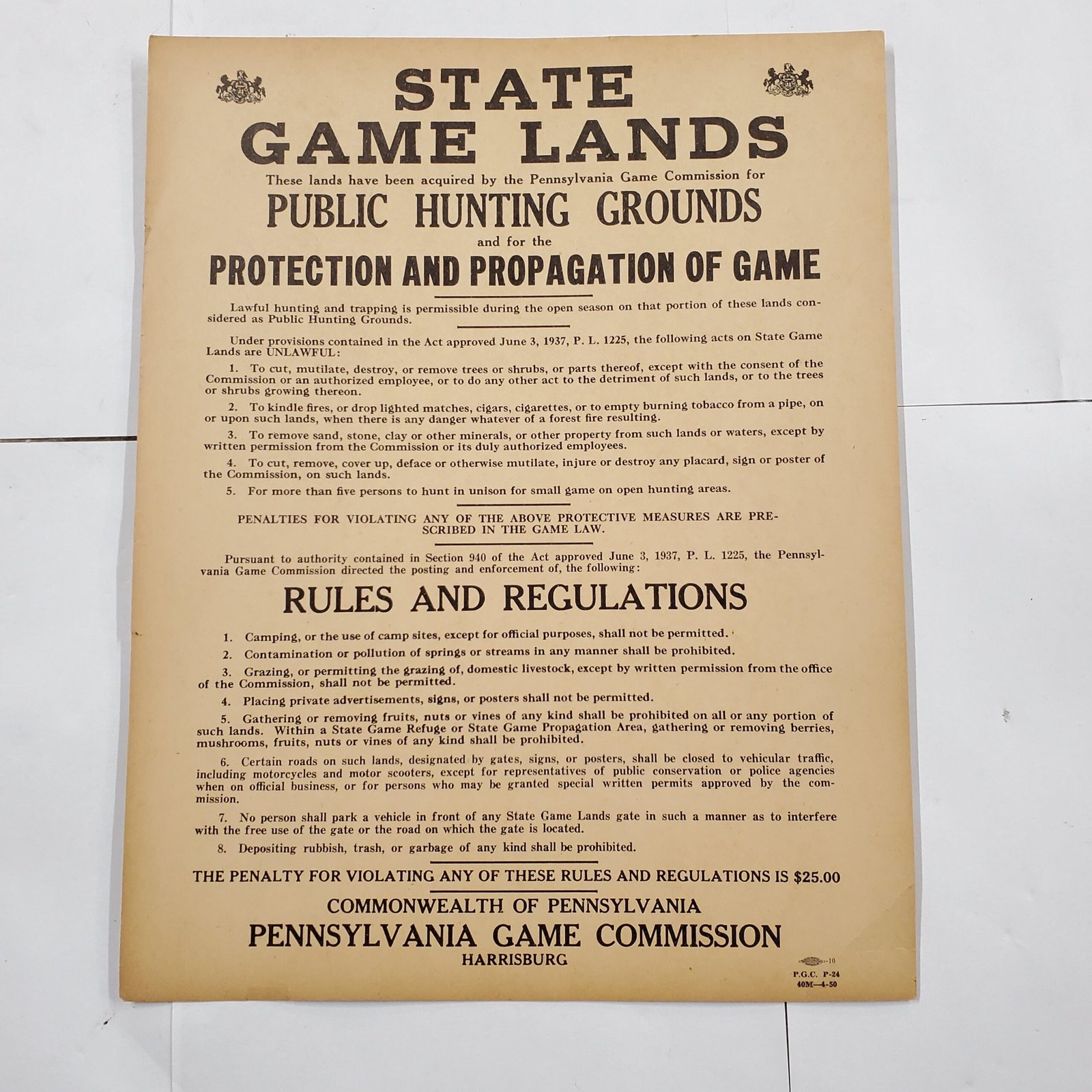 Pennsylvania Game Commission April 1950 Orig. Poster Grounds Rules & Regulations