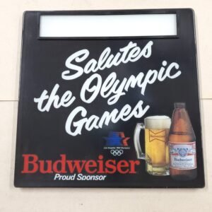 20260313_104047-scaled-1.jpg Plastic Bud Light Beer Sign 1984 Olympic Games Advertisement Breweriana 18" x 18