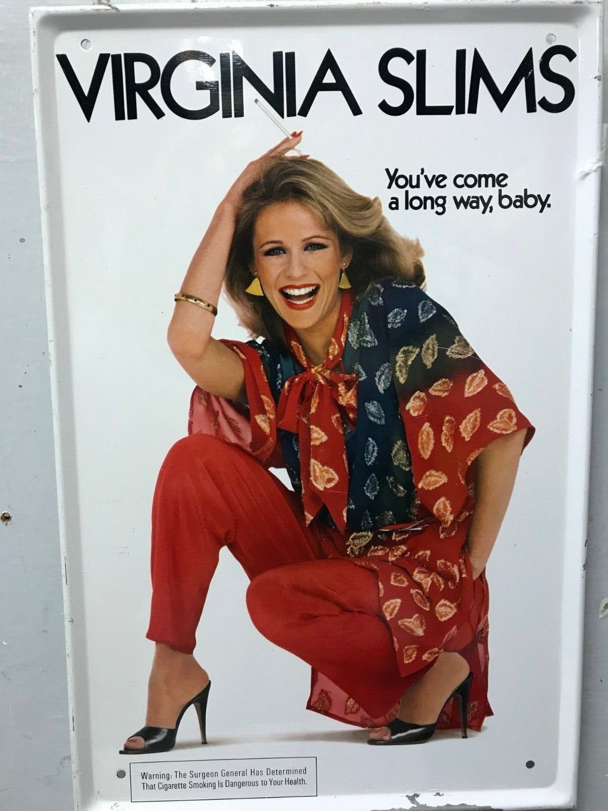 VINTAGE 1970 VIRGINIA SLIMS TIN SIGN YOU'VE COME ALONG WAY BABY AD TOBACCIANA