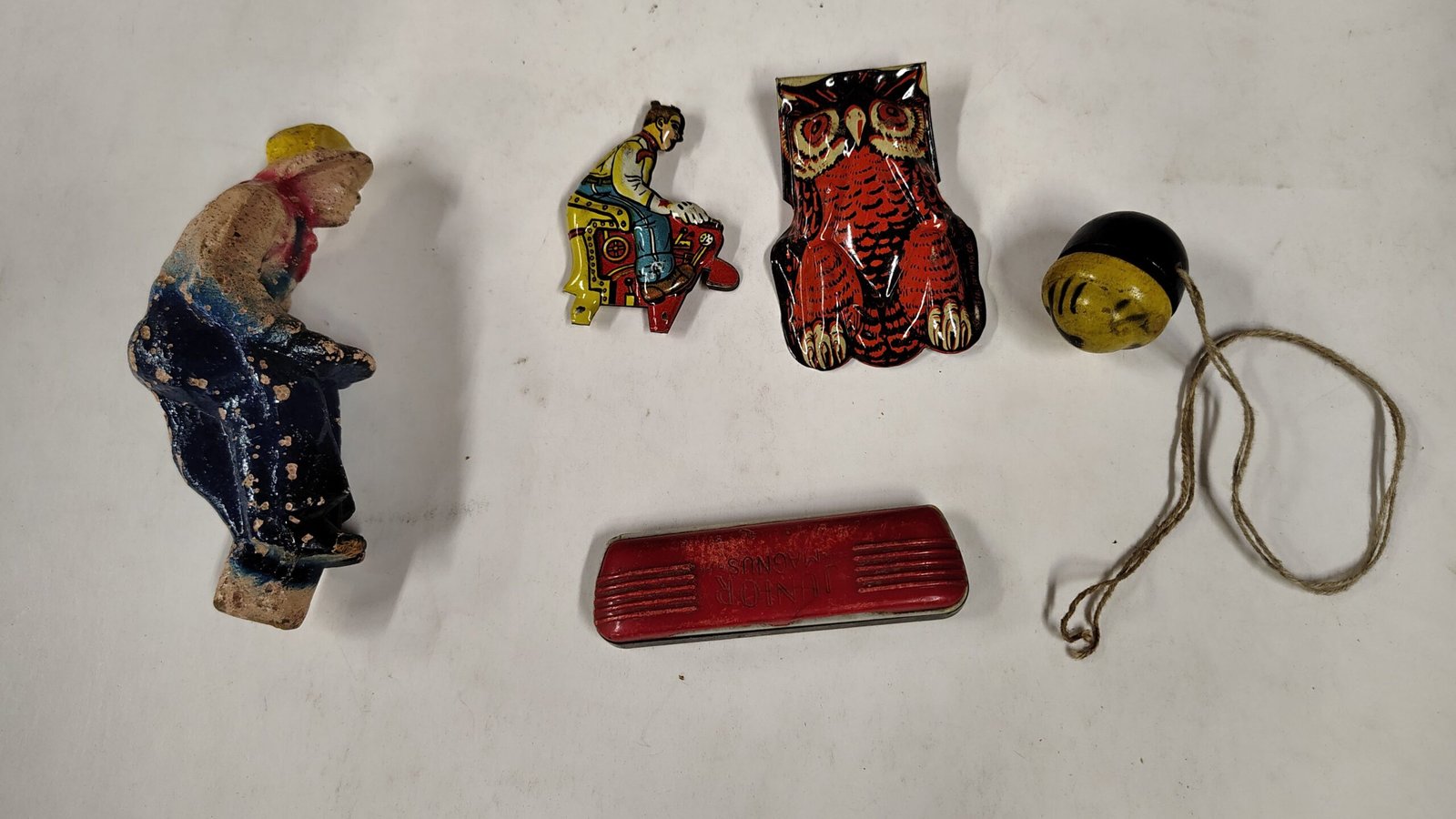 Vintage Tin Litho Toys & Magnus Harmonica Lot - Owl Clicker, Cowboy, Hobo