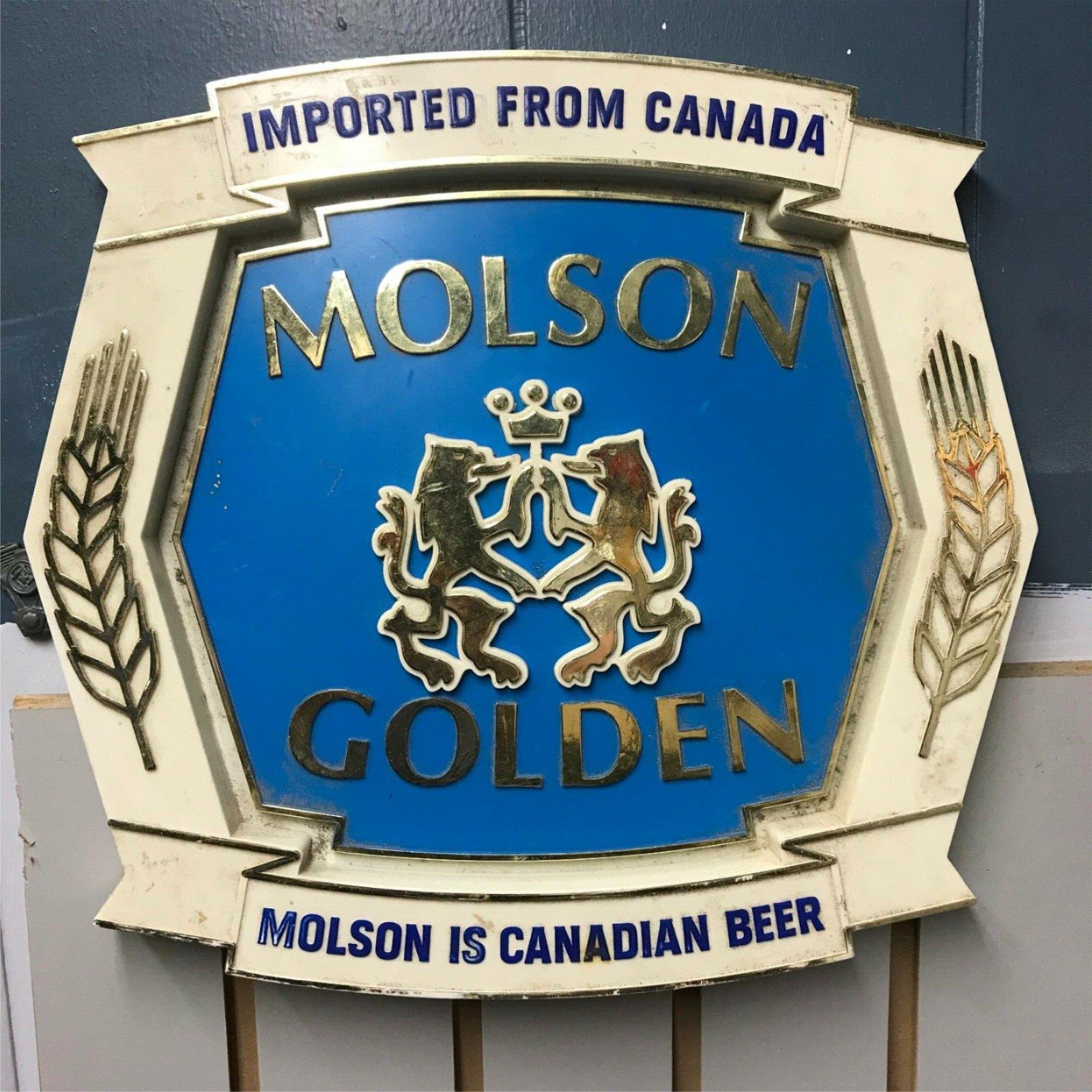 VINTAGE MOLSON GOLDEN SIGN CANADIAN BEER BREWERIANA MAN CAVE GARAGE BAR 12"X13"