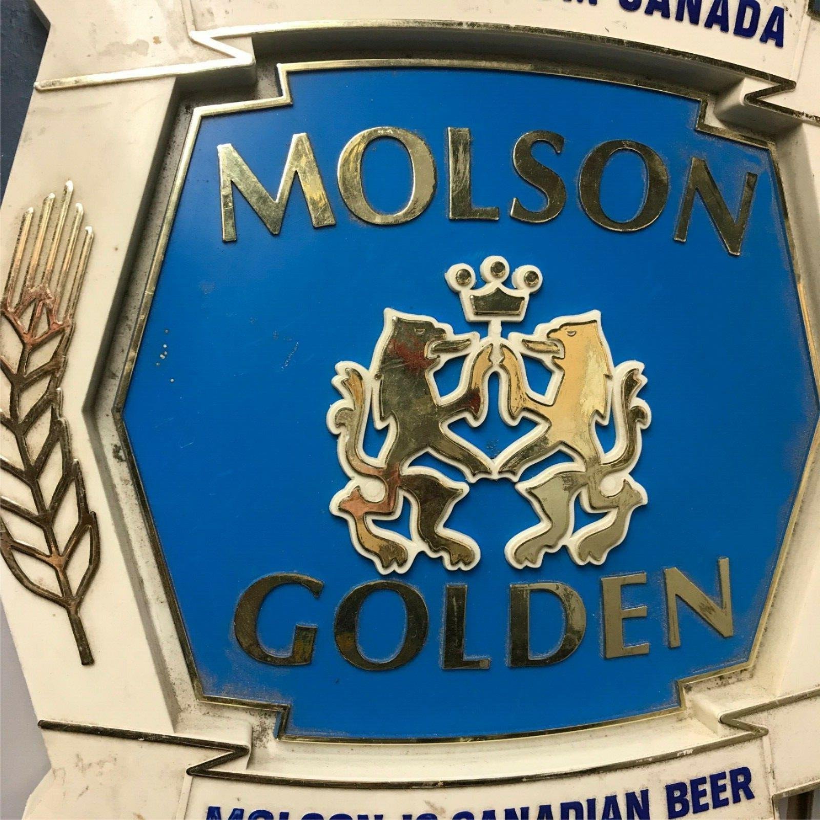 VINTAGE MOLSON GOLDEN SIGN CANADIAN BEER BREWERIANA MAN CAVE GARAGE BAR 12"X13"