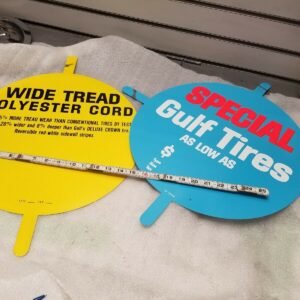 353017680200-0.jpg Pair Nos Gulf OIL GAS Tire signs Metal tin 1960's Petroliana Vintage Auto Collec