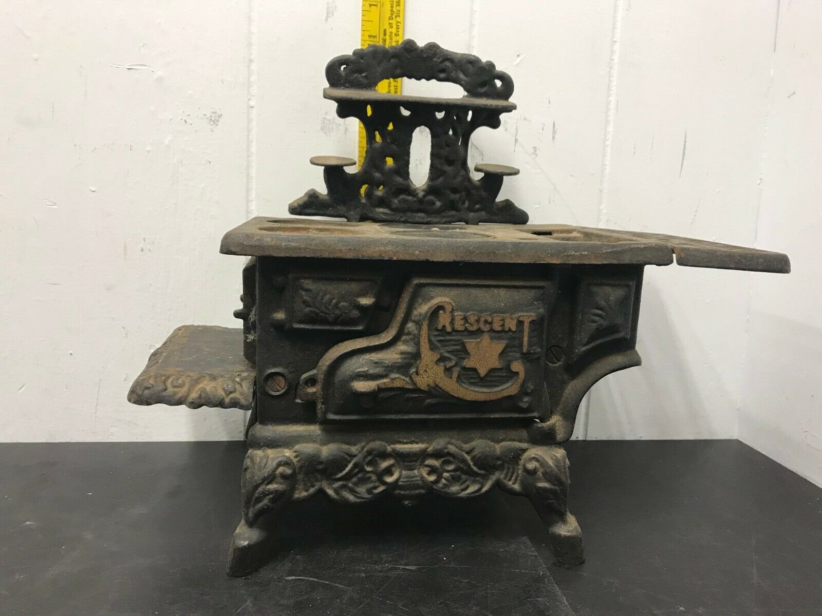 2 VINTAGE CRESENT CAST IRON WOOD STOVE SALESMAN SAMPLE MINITURE NICE ANTIQUE TOY