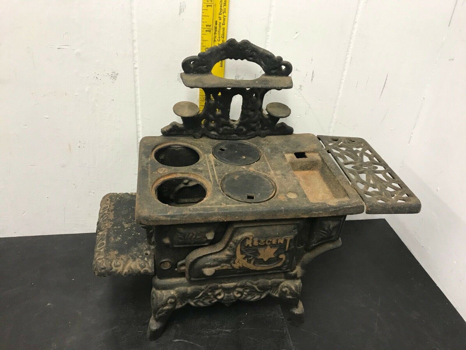 2 VINTAGE CRESENT CAST IRON WOOD STOVE SALESMAN SAMPLE MINITURE NICE ANTIQUE TOY