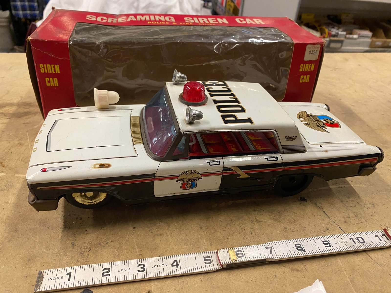 Vintage ASC Japan Tin Toy Friction Siren Police Car 9.75" Original Box 60's