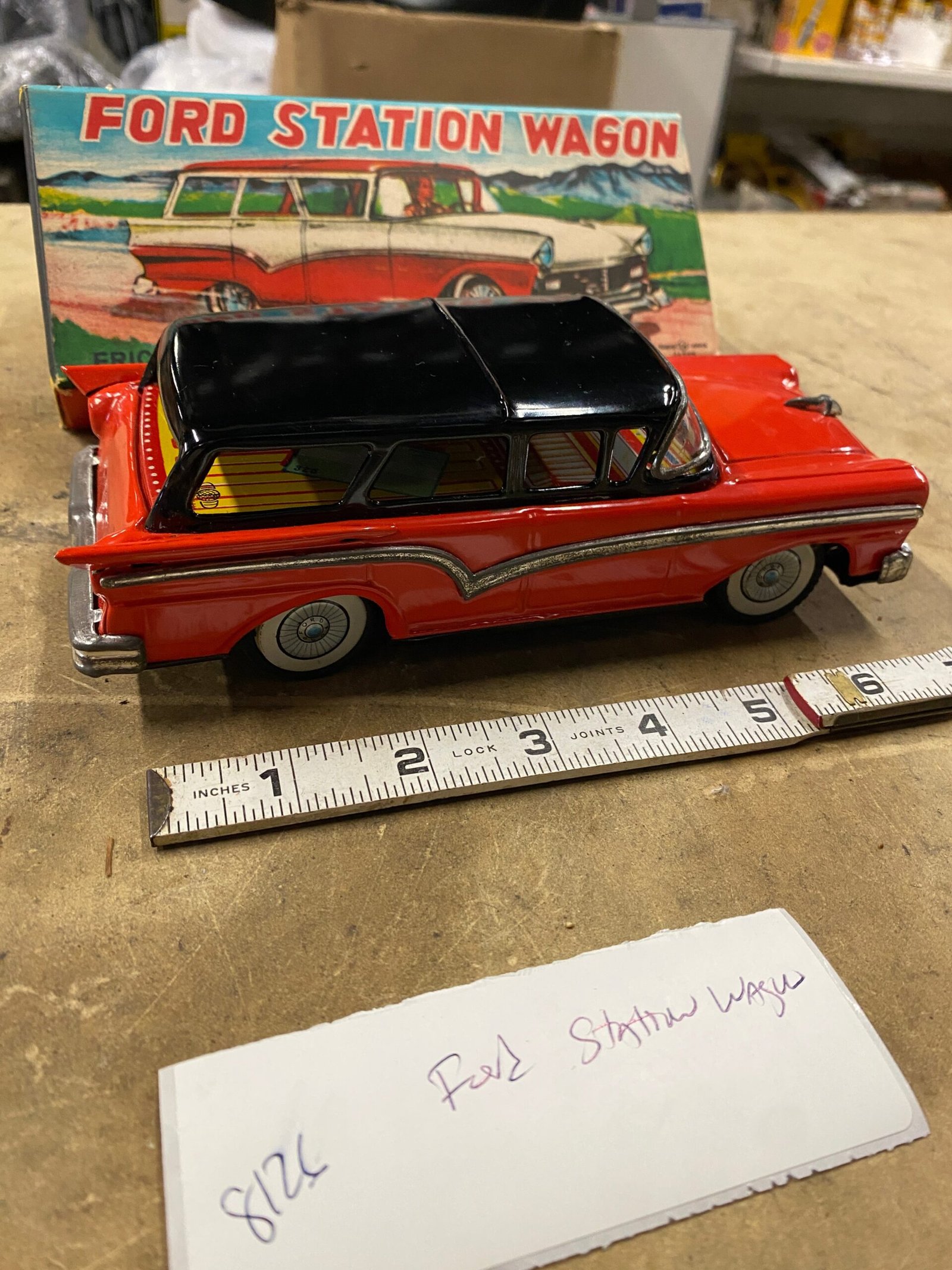 5686b585-7863-40c2-8d44-80456dd0c74b-scaled-1.jpg 50's Promo Ford Fairlane Wagon Tin Friction Toy Litho Orig Box Bandai Minty Rare