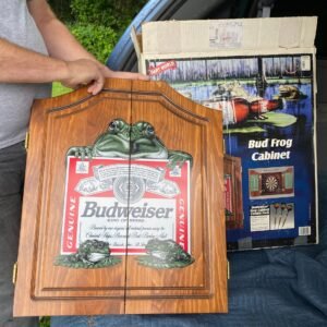 Vintage Budweiser Frog Wood Dartboard Cabinet Case 22x 19 Advertising Breweriana