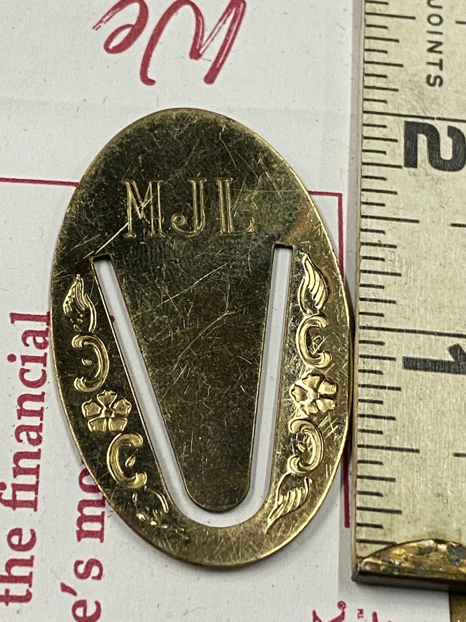 Vintage Gold Money Clip Men Initials MLM  antique brass page marker Sterling?
