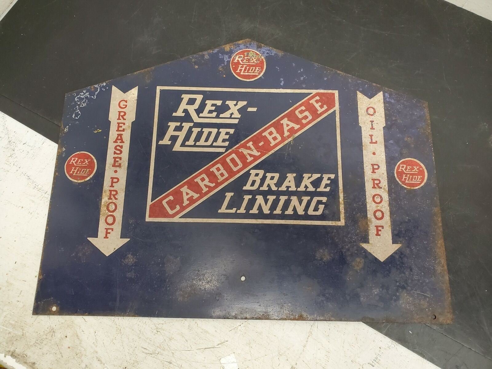 7229997875362-0.jpg Vtg Rex-Hide Brake Lining Tin Metal sign Service Station Man Cave Petrol Oil Gas