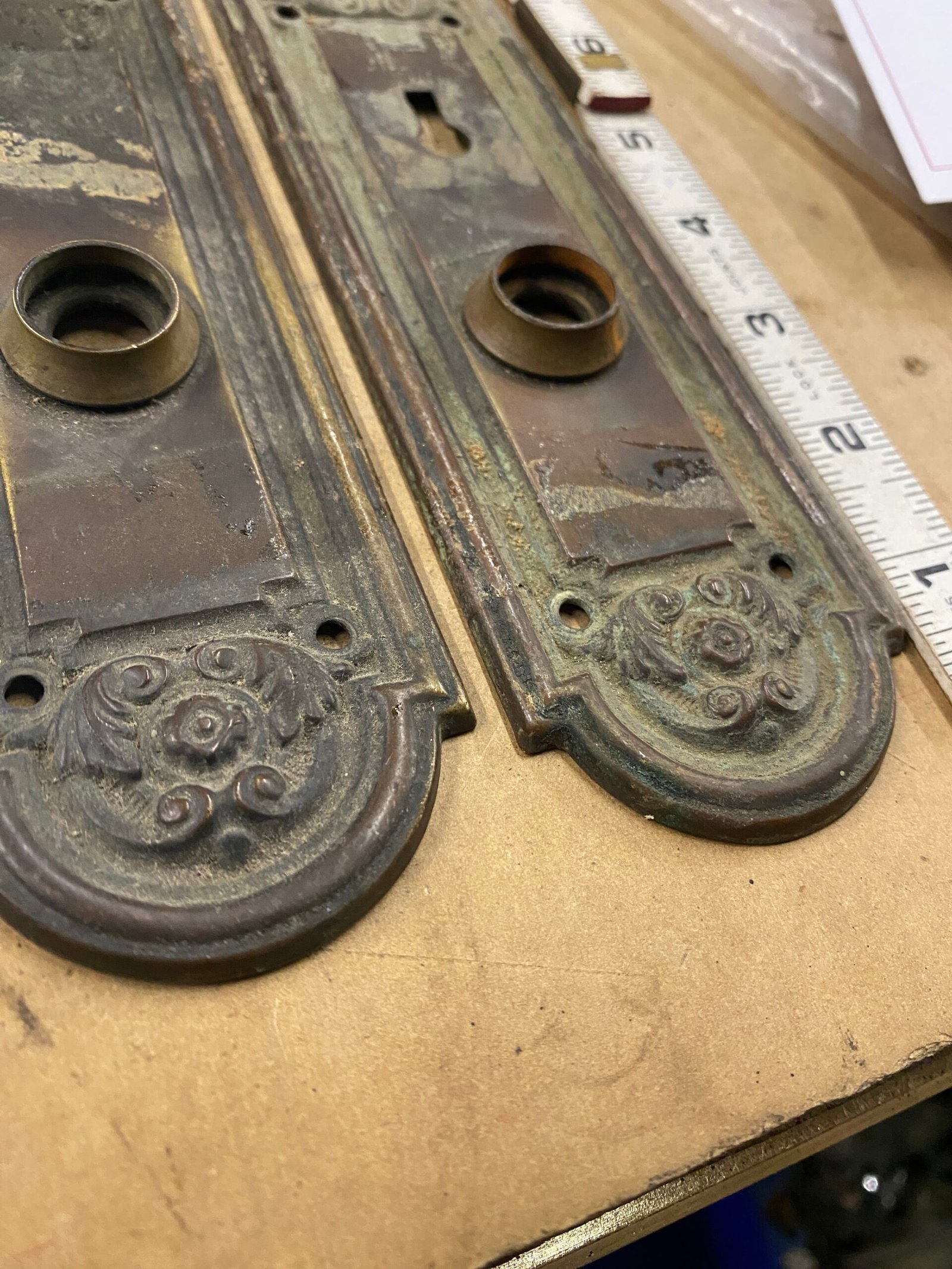 Antique Brass Federal Fan Door Mortise Lockset Plates Knob Victorian Art Deco