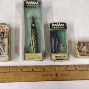 Vintage Fishing Lure Lot Heddon Dying Flutter Tadpolly Helin Flatfish Boxed