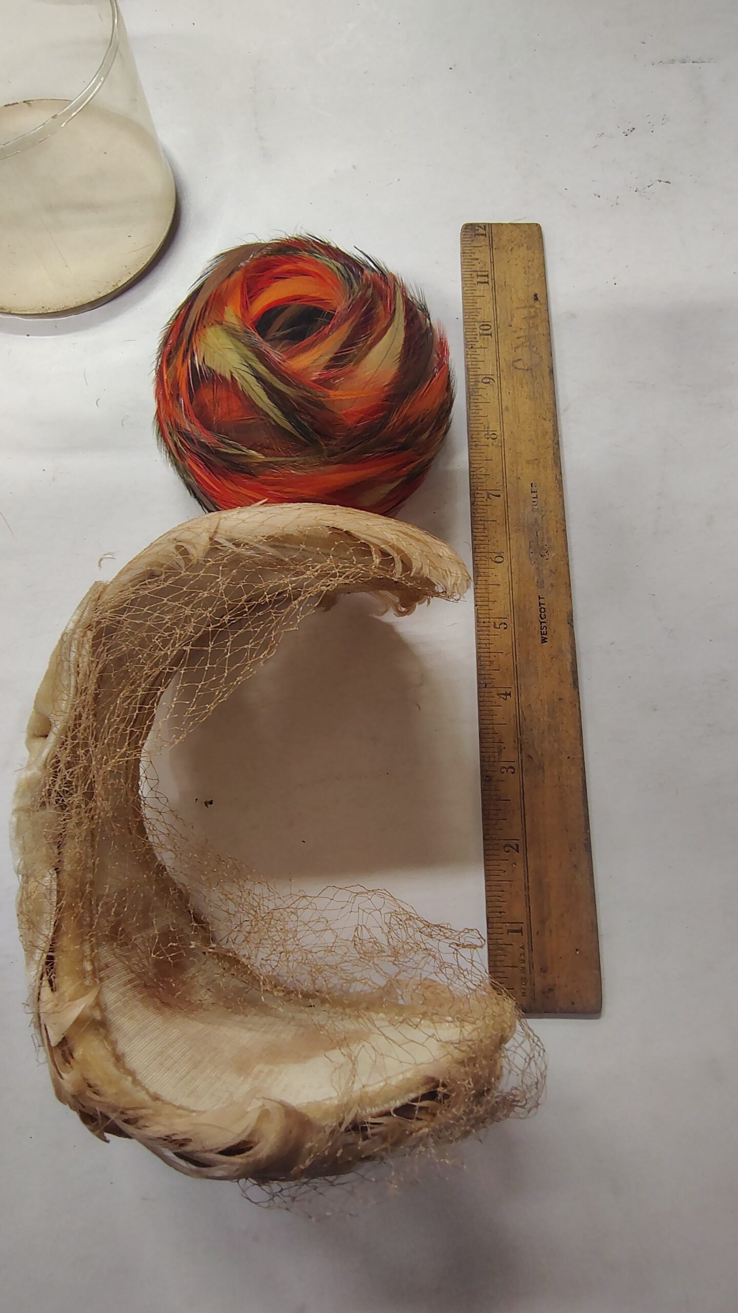 83313782-649d-4c51-ae0e-883c42d68e11-scaled-1.jpg Vtg 1950s Made in France Feather Cap Hat & Velvet Veiled Headband