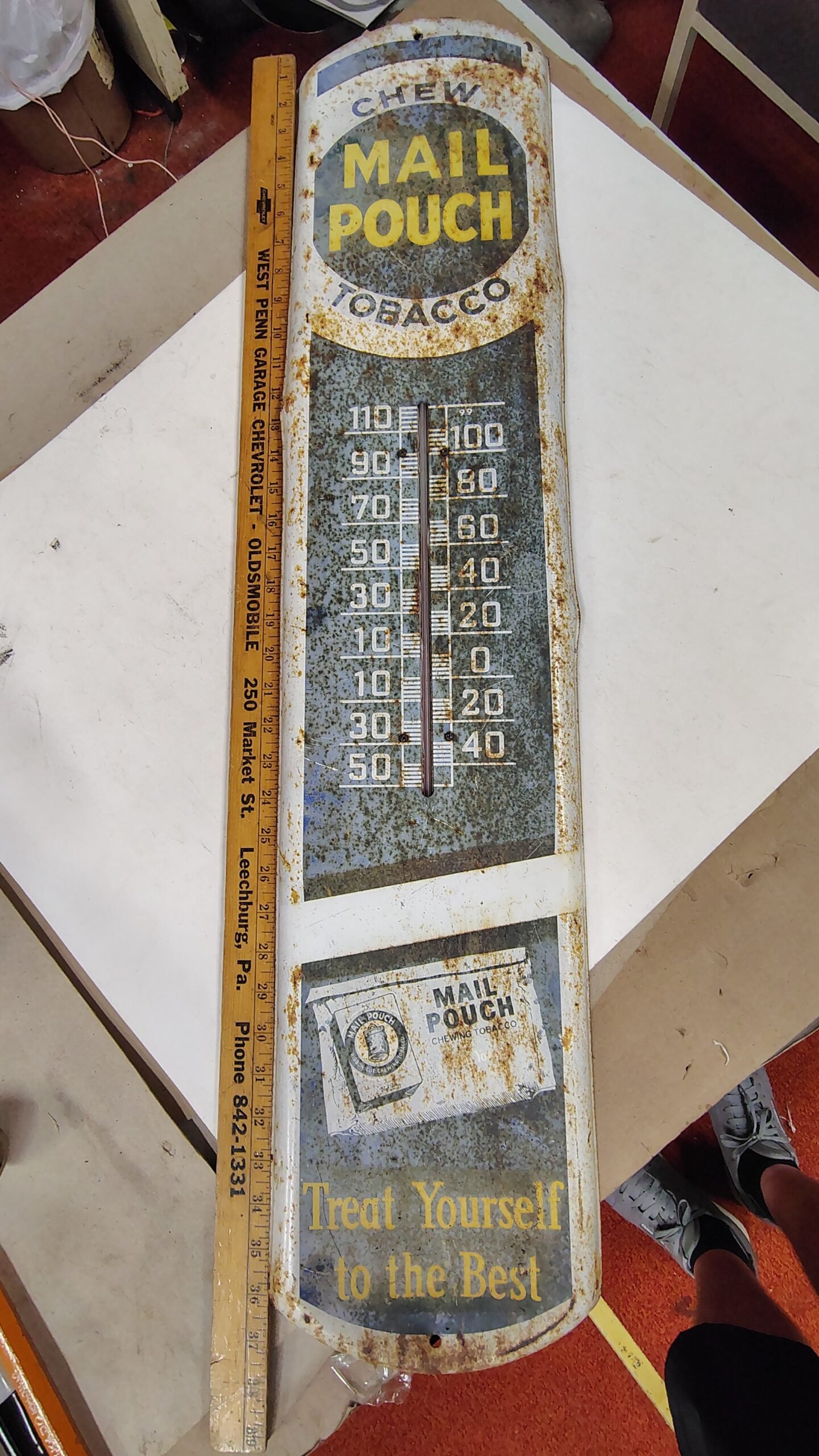 Vintage 1950s Mail Pouch Chewing Tobacco 39" Metal Thermometer Sign