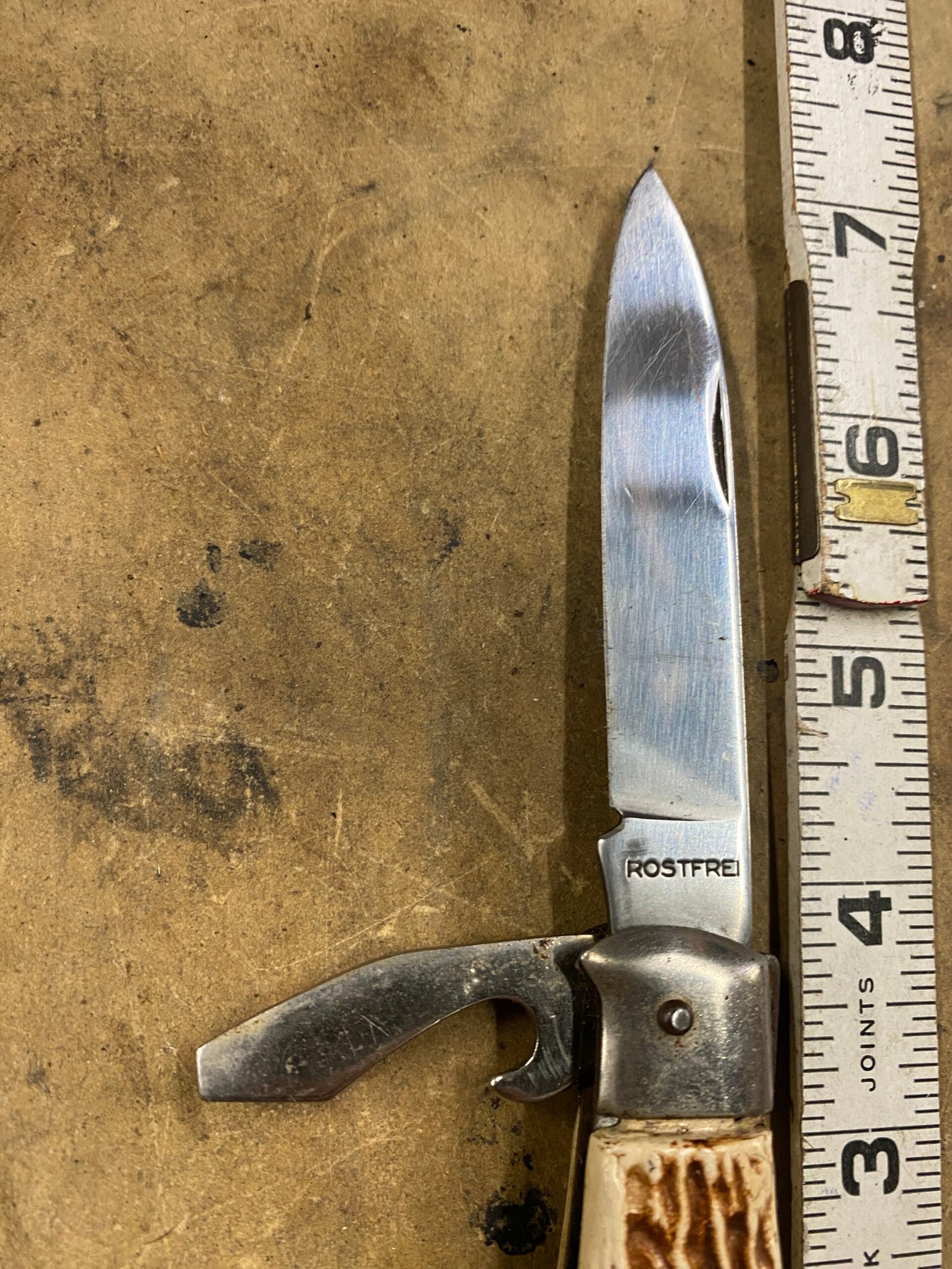 Vtg Rostfrei Stag Handle Multi-Tool Folding Pocket Knife Corkscrew Solingen Germ