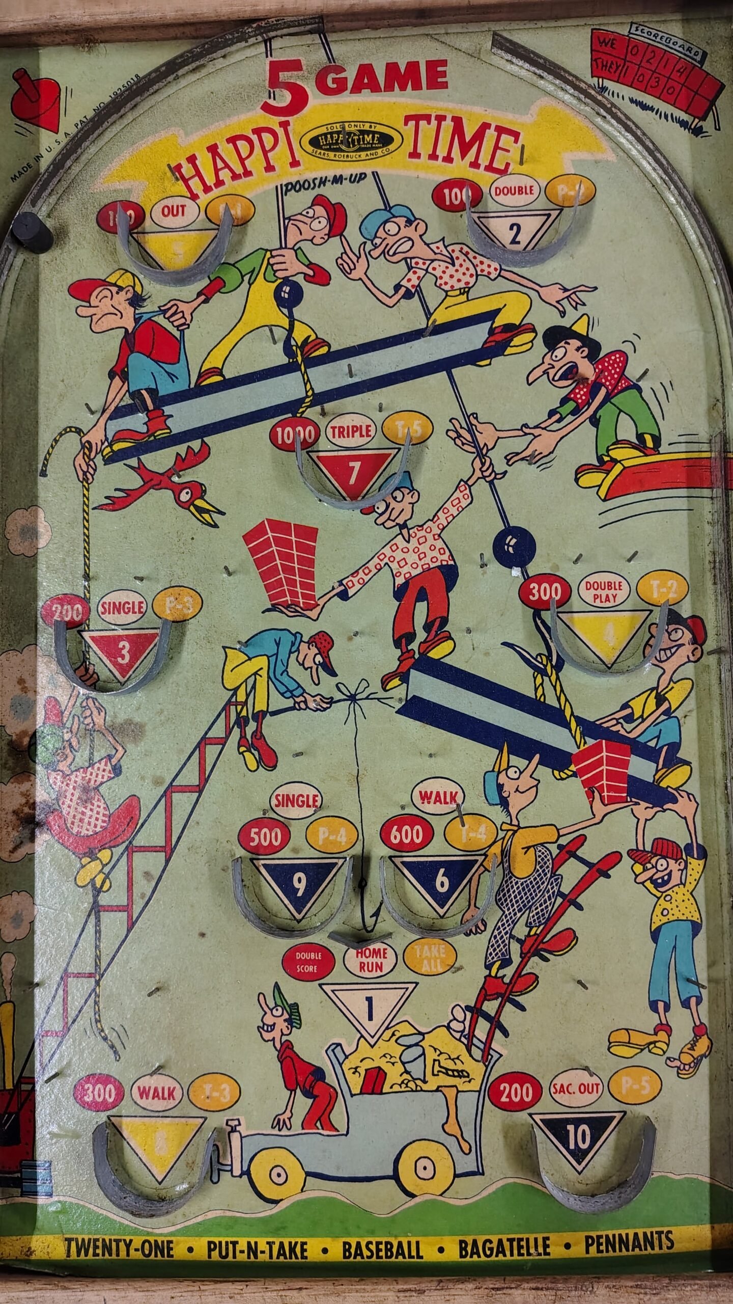 9168b597-95f9-4ef7-825a-cda8c4b88f57-scaled-1.jpg Vintage Poosh-M-Up Happi Time 5 Game Bagatelle Tabletop Pinball Northwestern Co