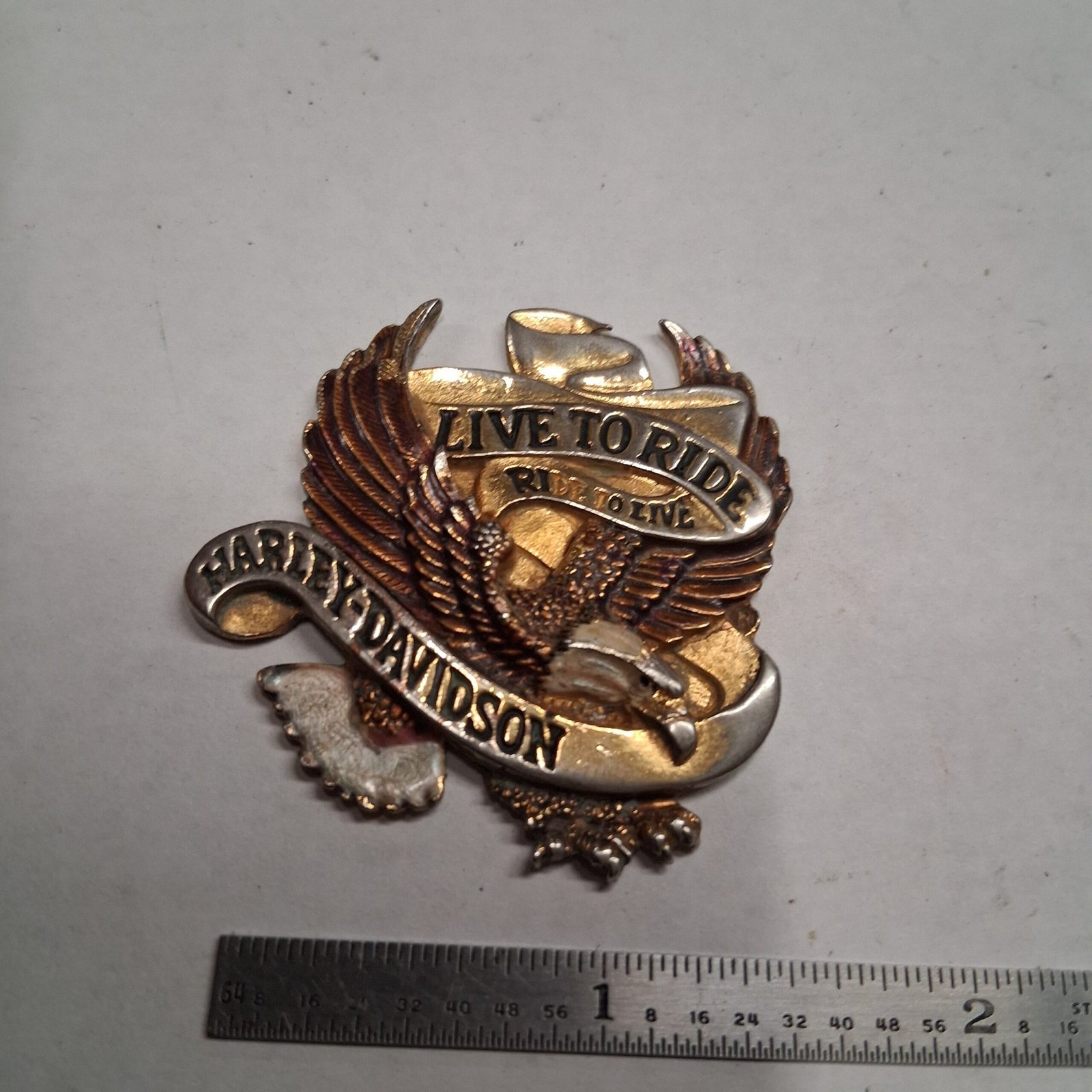 944f604f-1562-4114-bbce-2db264952045-scaled-1.jpg Vintage Harley Davidson Live to Ride Eagle Metal Medallion Insert Craft Restore