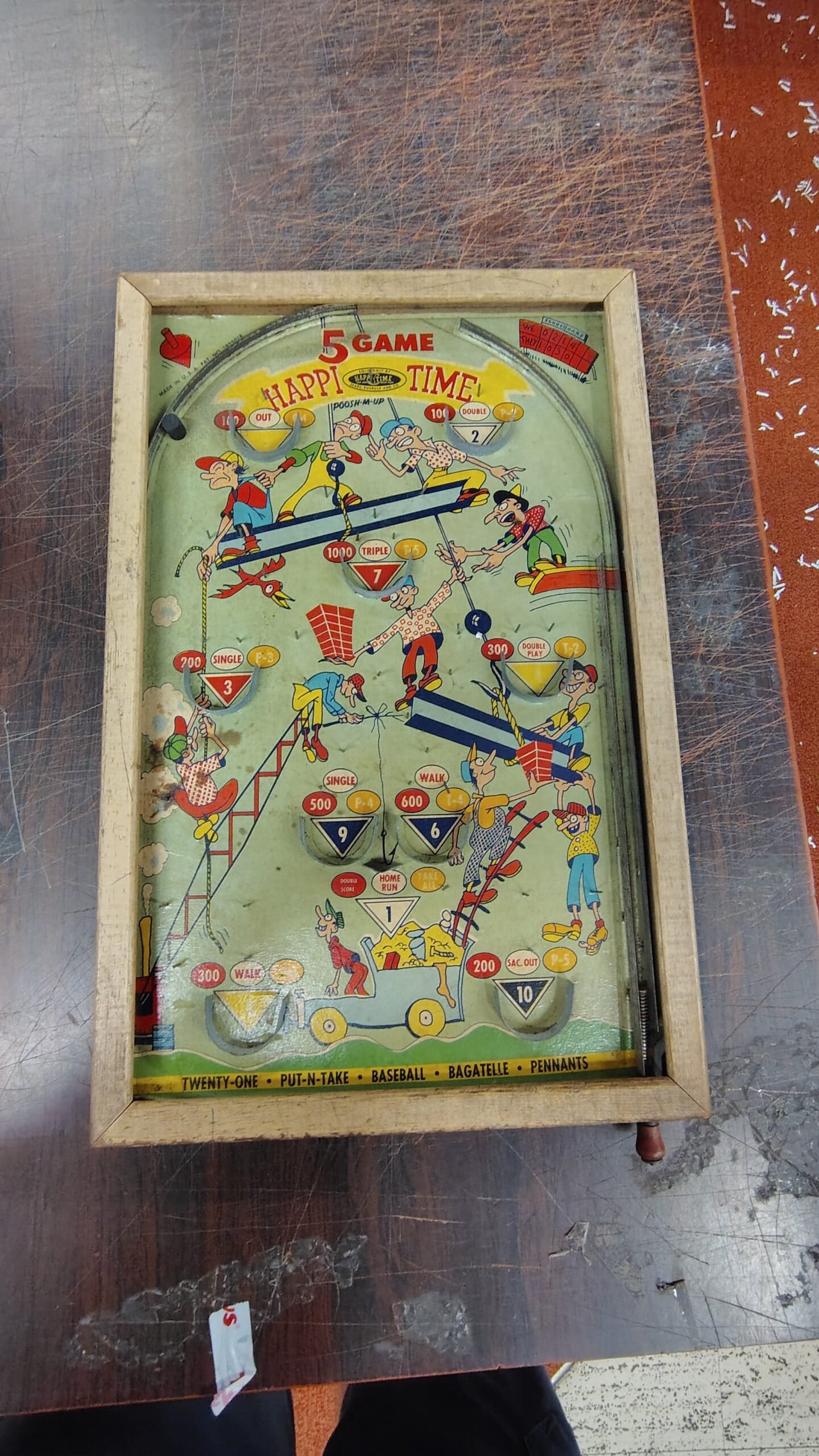 a08bcaf2-dfb6-465e-911f-a7d13cac4d08-5-scaled-1.jpg Vintage Poosh-M-Up Happi Time 5 Game Bagatelle Tabletop Pinball Northwestern Co