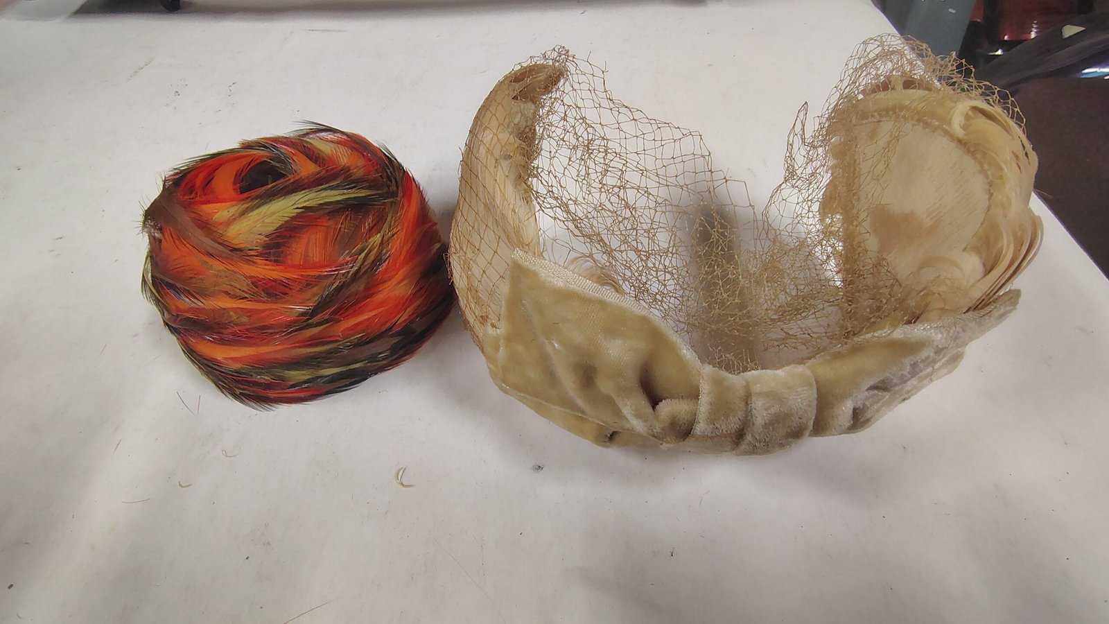 a2287d6d-b8a8-466b-b3d0-6f7718bc1e54-scaled-1.jpg Vtg 1950s Made in France Feather Cap Hat & Velvet Veiled Headband
