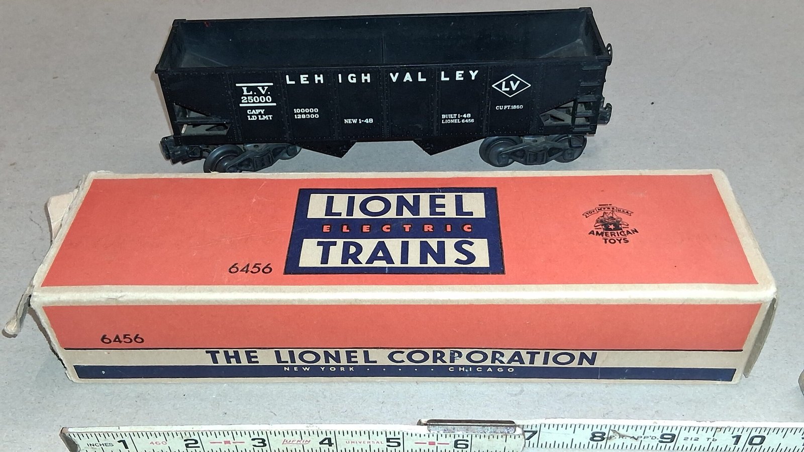 Antique Lionel Postwar 6456 Black Lehigh Valley Hopper Car W/ Original Box