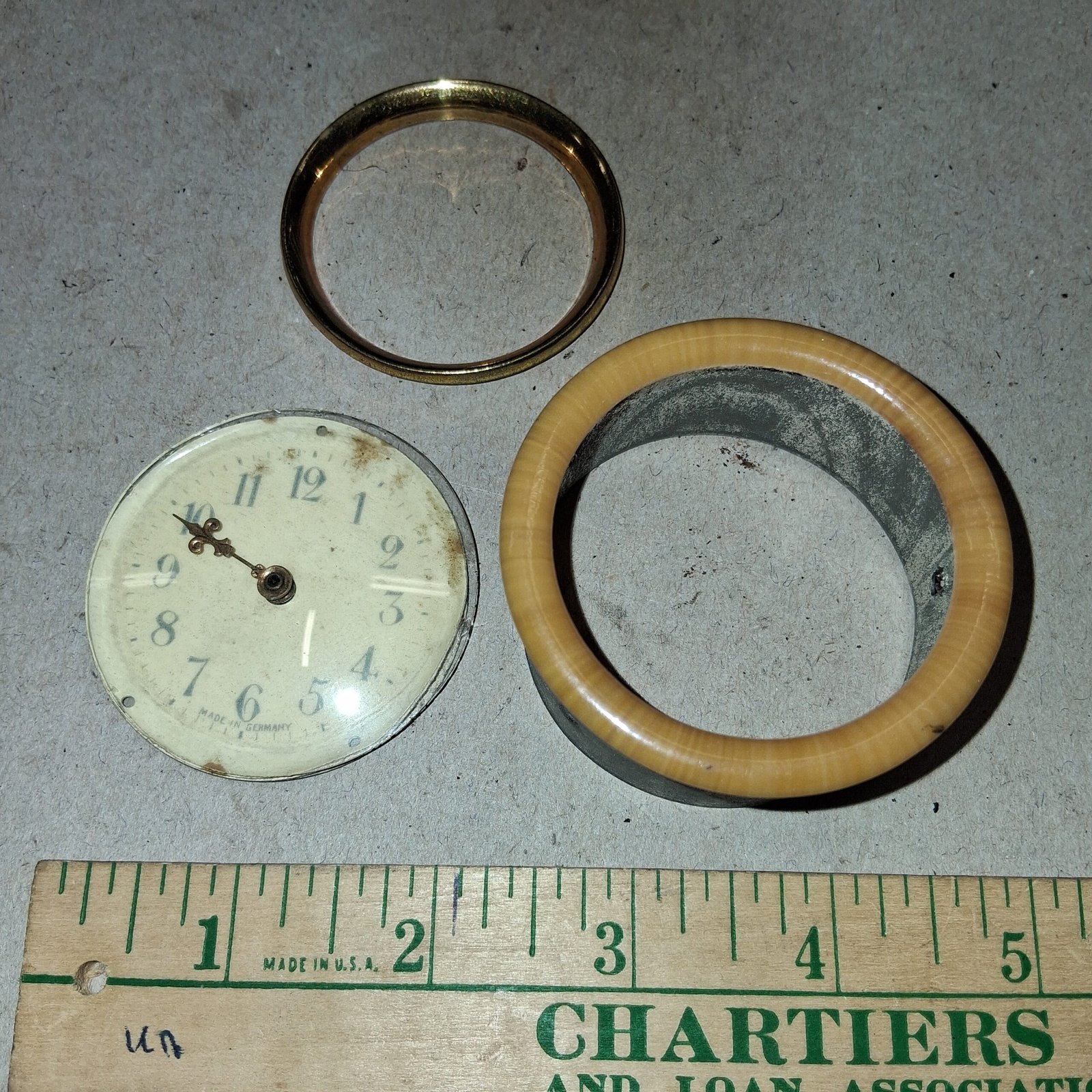 Vintage Germany Miniature Clock Parts Core Celluloid Bezel Dial Hands Repair
