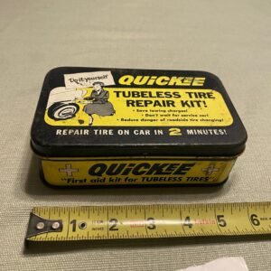 d335b673-08b6-4f91-a584-d3cdf5e5a63e-1-scaled-1.jpg Vtg 60s Quickee Tubeless Tire Repair Kit Original Tin Display Oil Gas Petroliana