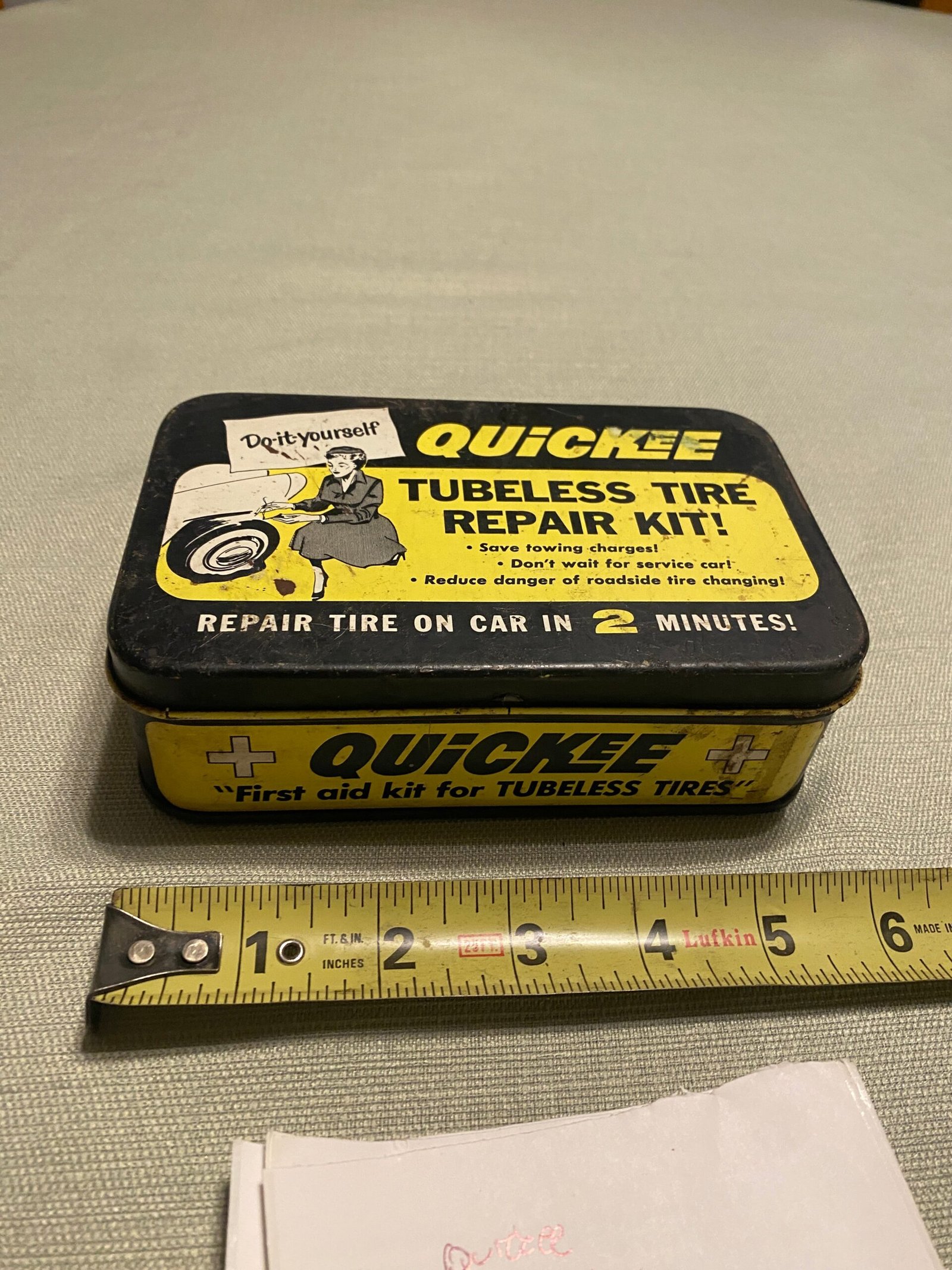 d335b673-08b6-4f91-a584-d3cdf5e5a63e-1-scaled-1.jpg Vtg 60s Quickee Tubeless Tire Repair Kit Original Tin Display Oil Gas Petroliana