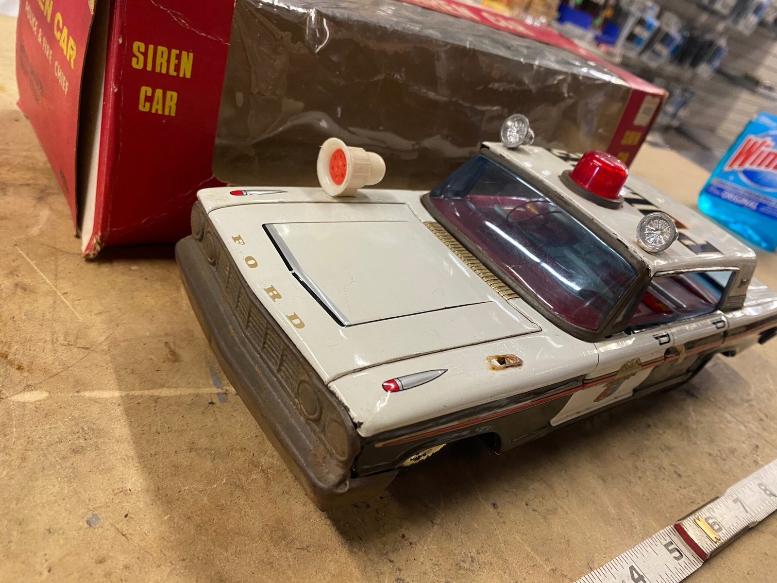 Vintage ASC Japan Tin Toy Friction Siren Police Car 9.75" Original Box 60's
