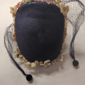 Vintage 1950s Black Woven Straw Half Hat Juliet Cap Floral Millinery Net Veil